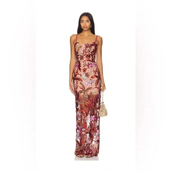 Bronx & Banco Dahlia Red Embroidered Sequin Maxi Gown Size S - Picture 1 of 4